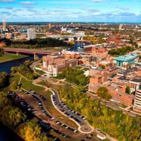 Aerial view of UMN Twin Cities Campus' east bank