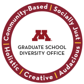 Graduate School Diversity Office logo with values listed around it: Community based, socially just, audacious, creative, holistic